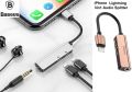 BASEUS L52 - MULTI FUNCTIONAL 3 IN 1 iPhone8 Pin Male to 3.5mm Female + 2 x iPhone8 Pin Female Charging Call Listening Song Audio Headphone Adapter - BLACK. 
