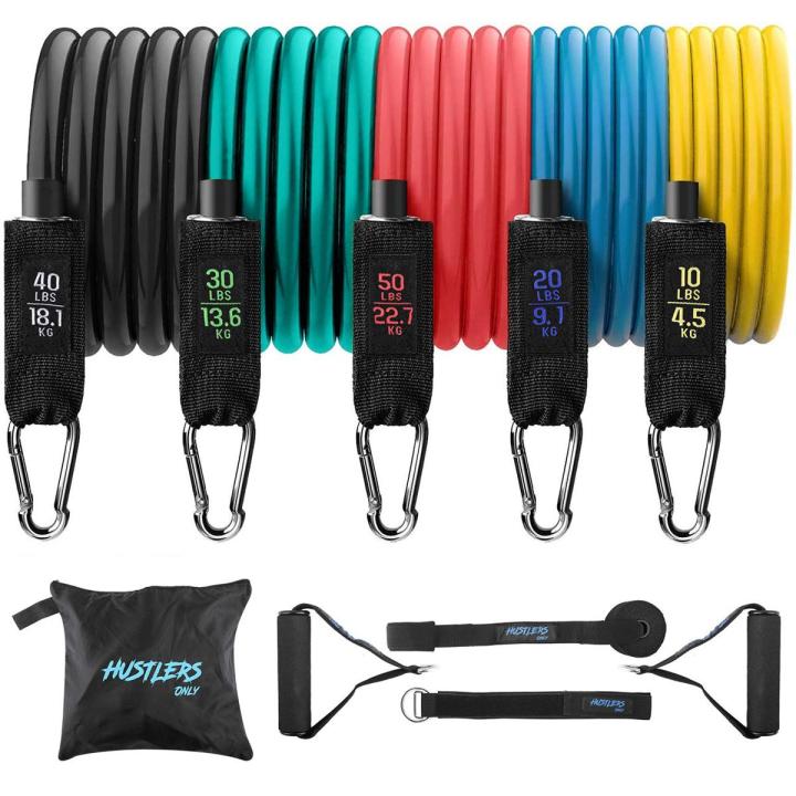 Hustlers Only Latex Resistance Band Set of 11 Yoga Pilates Abs Exercise Fitness Gym Workout Set With Elastic Tube, Door Anchor, Ankle Straps, And Handles For Weight Loss Or Stretch