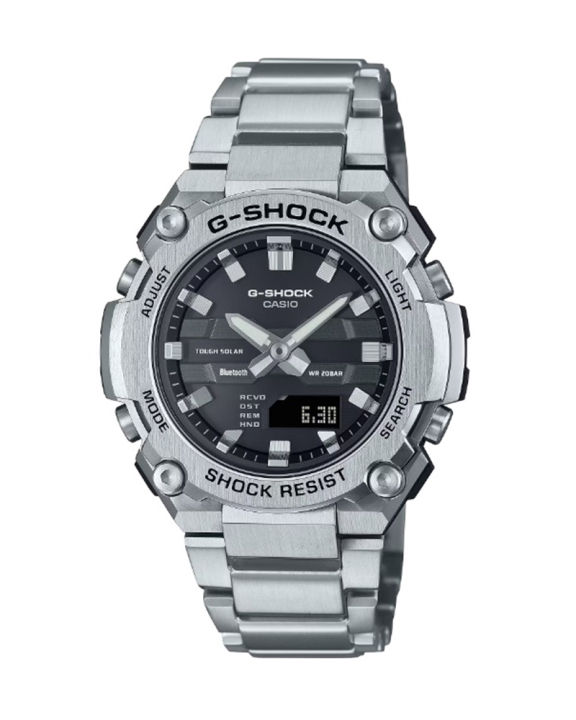 Casio G Shock GST B600 Series Mens Shock Resistance Round Silver Resin Case Analog+Digital Solar Power Bluetooth World Time Stop Watch Timer Alarm Double LED Light Calendar Run Time Multi-Function Silver Stainless Steel Bracelet Watch-GST-B600D-1ADR