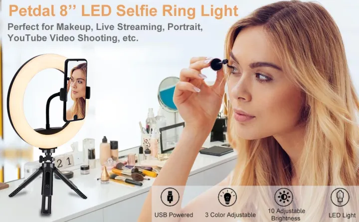 Petdal%208%20inch%20LED%20Ring%20Light%20With%20Tripod%20Stand%20and%20Phone%20Holder,%20Dimmable%203%20Color%20Modes%20&%2010%20Brightness%20USB%20Powered%20Desk%20Selfie%20Makeup%20Ring%20Light%20for%20Live%20Streaming,%20YouTube,%20Video%20Shooting,%20Vlog%20-%20Image%206