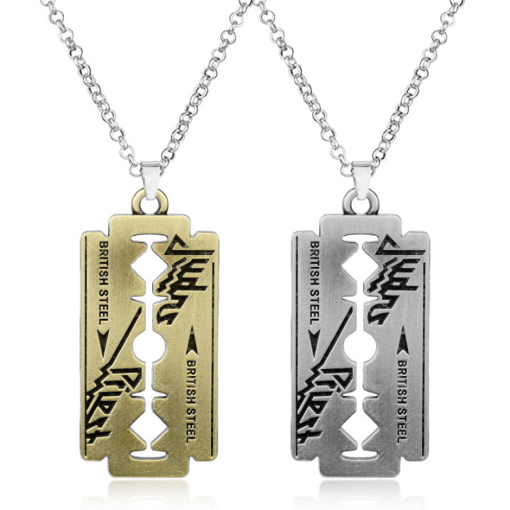Gold and Steel Fashion Pendant Necklace for Men Music Band Judas Priest Cross Shape with Razor Blade Link Chain Jewelry Gift