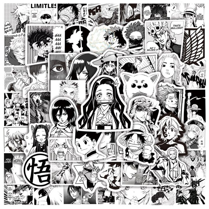 10/50/100pcs Mixed Black White Ainme Sticker Skateboard Computer Helmet Notebook Guitar Phone Graffiti Japan Comic Decals