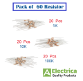 Pack of 60 Carbon Film Resistors – 1KΩ, 10KΩ, 100KΩ (20pcs Each) | 1/4W Resistor Set for Electronics & DIY Projects. 