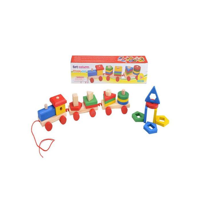 Set Column Three Car - Wooden Train Toy with shape sorter block