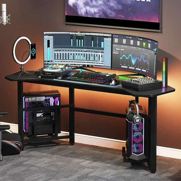 60 inch" Gaming Desk, Ergonomic Wing Shaped Gaming Computer Desk with Hoster Holder Headphone Hook for Home Office, Black (custimzed)
