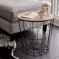 NEW PORTABLE METAL WIRE REMOVABLE WOOD TOP FOLDABLE ROUND COFFEE SIDE TABLE STORAGE BASKET( 16 L 16 W 18.5 H ). 