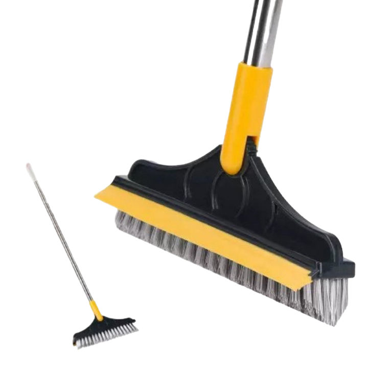 Floor Scrub Brush with Long Handle, Adjustable Magic Broom Brush 2 in 1 Cleaning Scrub Brush 120 Degree Triangular Rotating Brush Head Removable Crevice Cleaning Brush with Squeegee