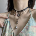 Vintage Multi-Layer Leather Choker Necklace Layered Strap Women's Collar Chain Bohemian Vacation Crystal Tear-drop Pendant Jewelry. 