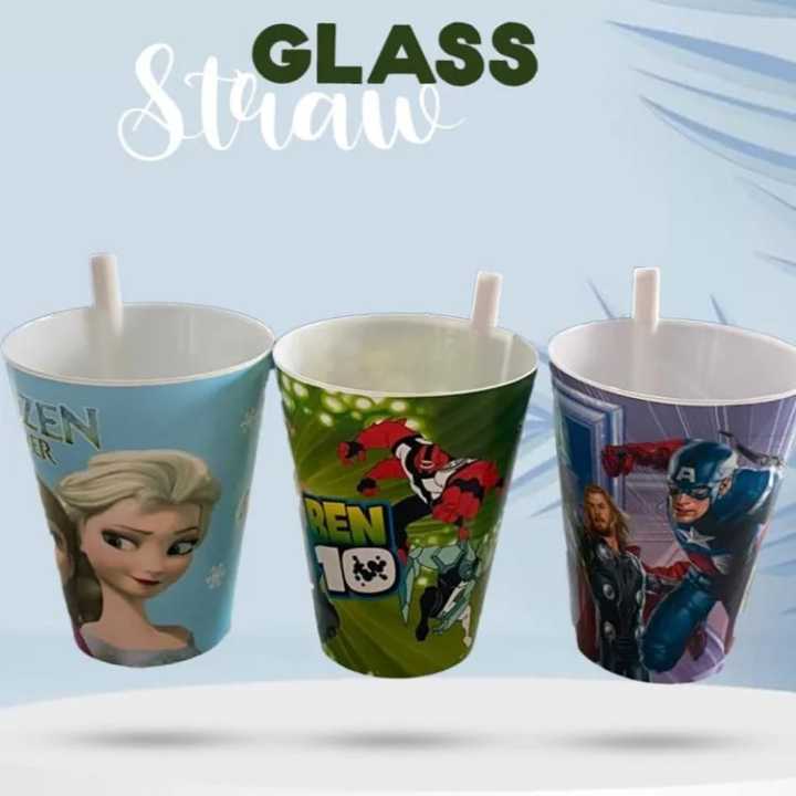 Beautiful built in plastic straw attached glass / juice glass with straw glass for kids