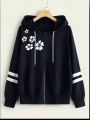 New Black Side Flower Sleeves Stripe Printed Hoodie Zipper For Girls and Women. 