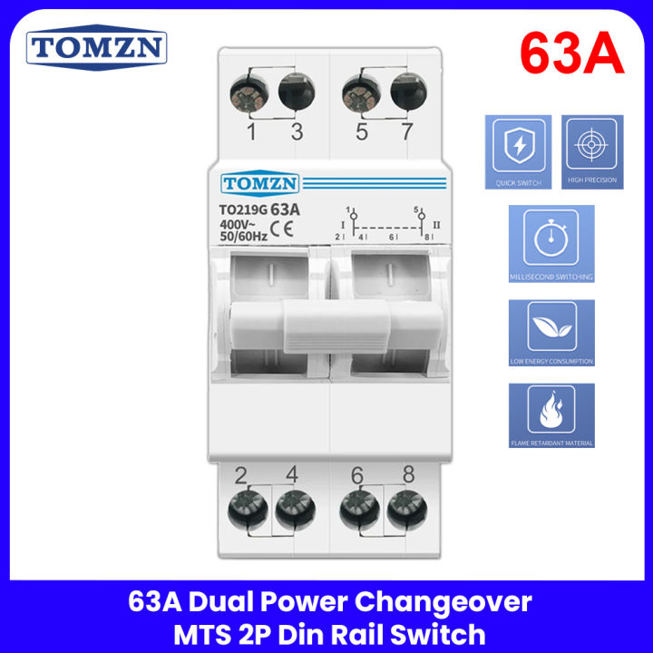 TOMZN 63A Dual Power Changeover Switch – 2P MTS Din Rail Type  Input | 400V AC Manual Transfer Switch breaker type changeover
