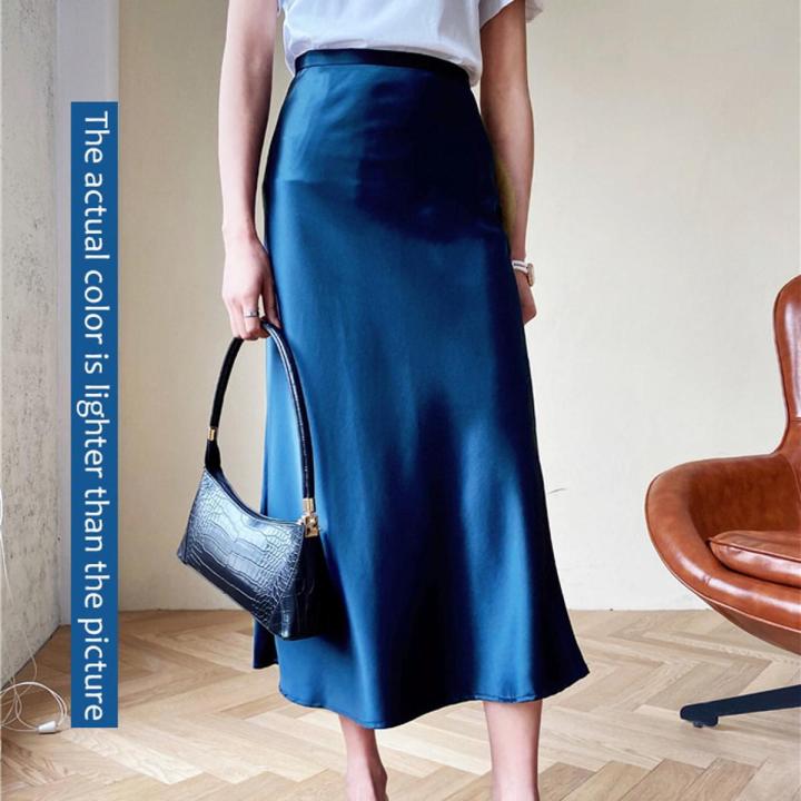 Satin Silk Skirts for Women Summer Korean Balck Midi A line Long Beautiful Gril Skirt Blue High Waist Female Skirts Daraz.pk