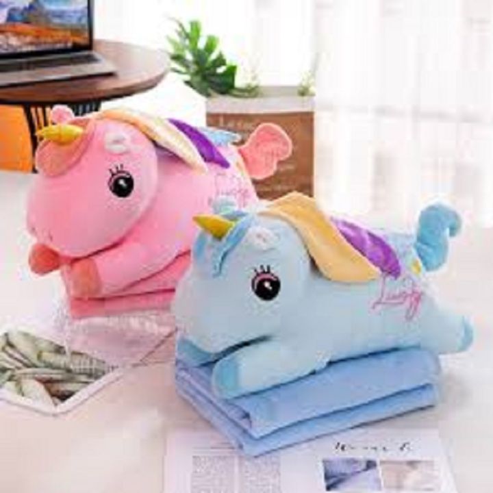 Baby Cute N Lovely Stuffed Animal Pillow Plush Toy Set With Blanket Soft Warm Folding Blanket - Infant Toddler Kids Blanket with Character Head Or Back Support Pillow