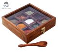 Spice Container Masala Box Rack With Wooden Spoon- 10 x 10 Solid Wooden square Masala Box(spice rack) - Drawer Organizer for Kitchen. 