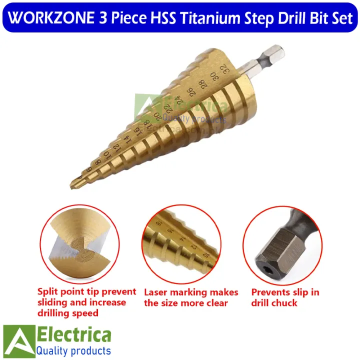 WORKZONE%203%20Piece%20HSS%20Titanium%20Step%20Drill%20Bit%20Set%20%E2%80%93%20Multi-Size%20Metal%20Drilling%20Tool%20Kit%20by%20Electrica%20-%20Image%207