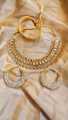 Amazing Crystal White Necklace With Golden Stones With Hoop Earrings Set. 