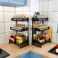 3 Tier Metal Countertop Kitchen Spice Rack Standing Corner Shelf Removable Seasoning Organizer Jars Bottle Storage Knife Utensils Holder with 3 Hooks, Black. 