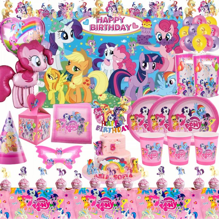 Cartoon Little Pony Birthday Party Decoration Plates Cup Pink Pony Latex Balloon Tablecloth Baby Shower Kid Girls Party Supplies Moonlight