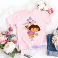 Fashion Kawaii Girls T-Shirt Dora Explorer Cartoon Print Kids Tshirt Summer Aesthetic Girls T Shirt Pink Short-Sleeved Tops. 