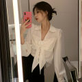 bellylady Puff Sleeve Shirts Large Bow Design Blouse, Slim Fit Lapel Colar Bottoming Shirt, Sweet Style Casual Long-sleeved Tops. 
