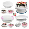 Cake table x 1 Pc , Decorating cake Turntable , Cake Rotary Table Mini Plastic Fondant Cake Turntable Revolving Platform Round Cookie Stand Rotating Home Kitchen Accessory , cake revolving pad , cake mover moving table. 