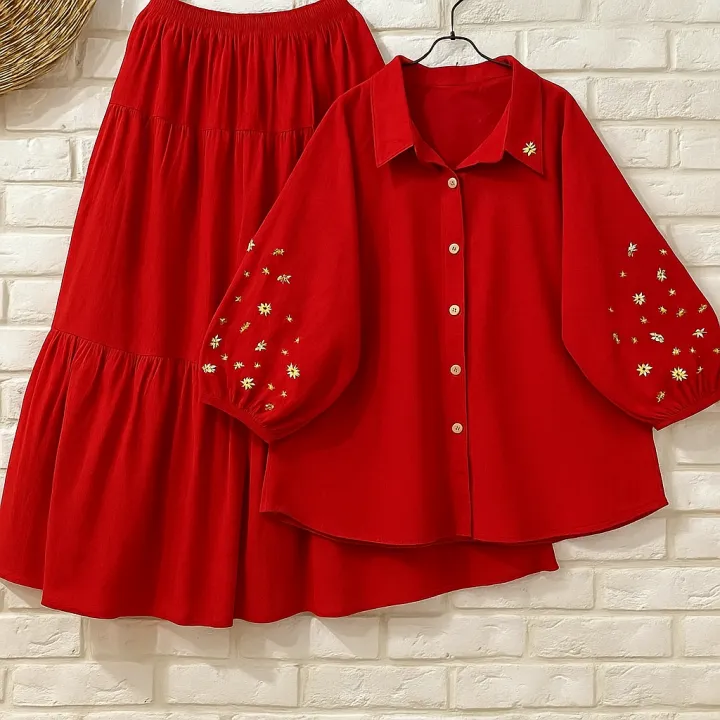 Elegant Women’s Puff Sleeve Shirt with Flared Skirt Western Wea | Daraz.pk