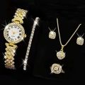 Fopul Mall 6PCS Set Quartz Watch Women Ring Necklace Earrings Rhinestone Fashion Wristwatch Female Casual Ladies Watches Bracelet Set. 