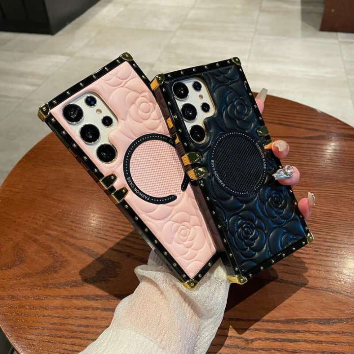 CrashStar MagSafe Square Straight Edge Emed wer Leather Case For Samsung Galaxy 20 S24 S23 S22 Ultra Plus + S21 FE A15 A54 A34 A14 5G A52 A12 Note 10 Pro Wireless Charging Casing Fashion Hard Shockproof Phone Cover