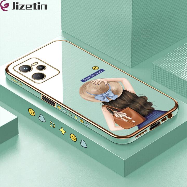 Jizetin (Free Lanyard) for Realme C35 / Narzo 50A Prime Back Cover Girl In Hat Luxury 6D Plating Case Side Pattern Soft Silicone Square Mobile Phone Cases