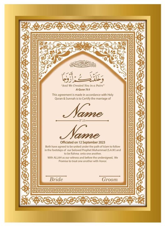 Customized Nikah Certificate With Frame HD Print Quality With Premium Classic Golden Frame A4 Size Gift For Nikkah bride and groom name certificate couple gift Signature certficate acrylic nikkah frame nikkahfied