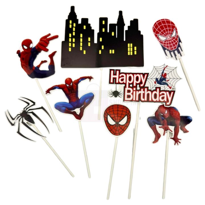 Spiderman Theme Cake Toppers - Cake Toppers - Red Colors - Boys Theme - Pack Of 8 Cake Toppers