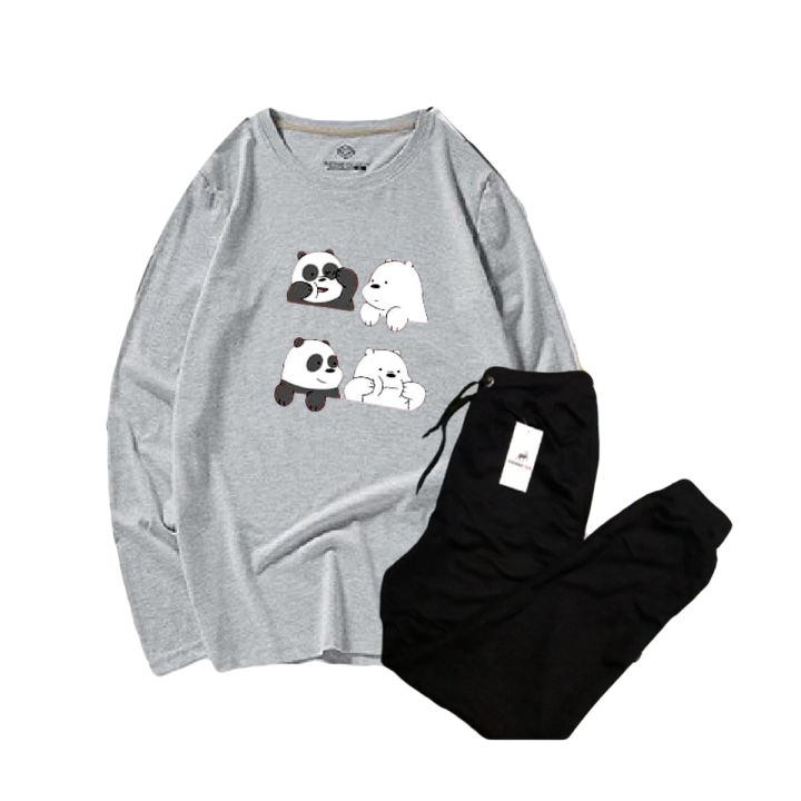 Grey Cartoon Printed Summer Tracksuit T-Shirt and Trouser For Girls and Women