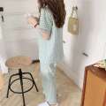 INTIMA Shorts/Long Pants Green Pamas for Women Korean Ins Style Sleepwear Lapel Casual Button Plaid Homewear Pama Set Ladies 2-pieces Loose and Comfortable. 