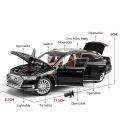 1/24 Audi A8 Diecast Alloy Metal Toy Car Miniature Vehicle Model Pull Back Sound & Light Doors Openable Collection Gift For Boys Kids. 