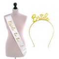Bride Theme White Sash and Golden Hair Crown for Bridal Shower. 