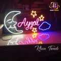 Customized Single Name Neon Sign For Kids Names with Moon, Stars and Cloud, Size 12 x 24 inches With 2A Adapter. 