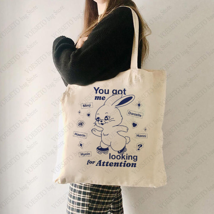 You Get Me Looking for Attention Pattern Tote Bag Rabbit Canvas Handbag for Daily Commuting Kpop Shoulder Bag Newjeans Fans Gift