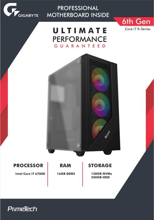 Core i7 Gaming PC, Core i7 6700K Processor, 16GB DDR4 RAM, 128GB NVMe M.2, 500GB HDD, Gigabyte B150 Gaming Motherboard, 500 Watts PSU, 2GB DDR5 Gaming Graphics Card