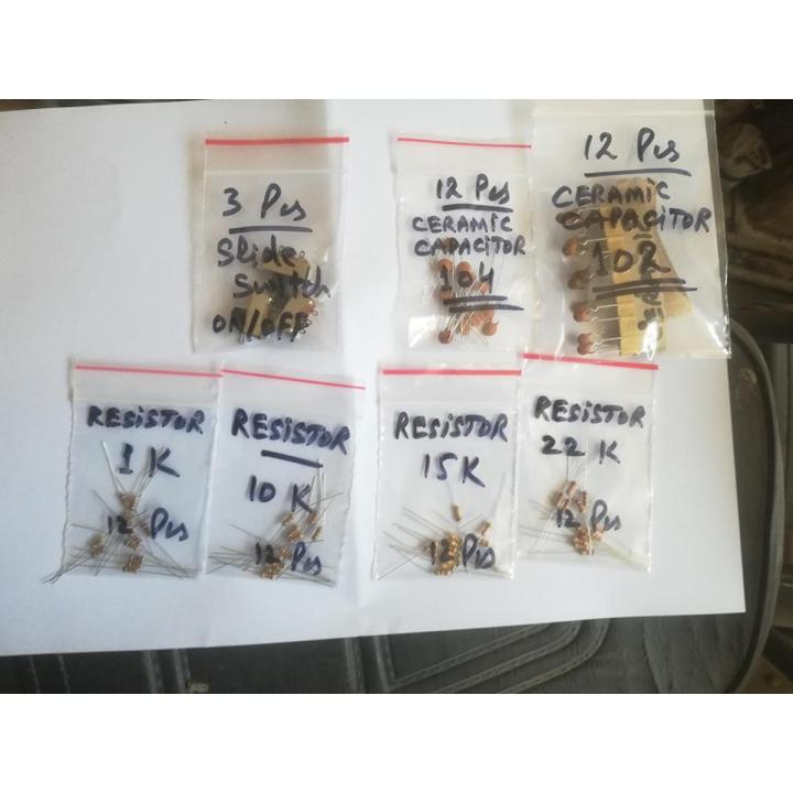 Electronic Parts Kit-10 - Slide Switch: 3-Pin (on/off) 3 piece - Ceramic Capacitor 102:(1nf) 12 Piece - 104 (100nf ) 12 Piece - 1k 12 piece - 22k 12 piece - 15k 12 piece - 10k 12 piece