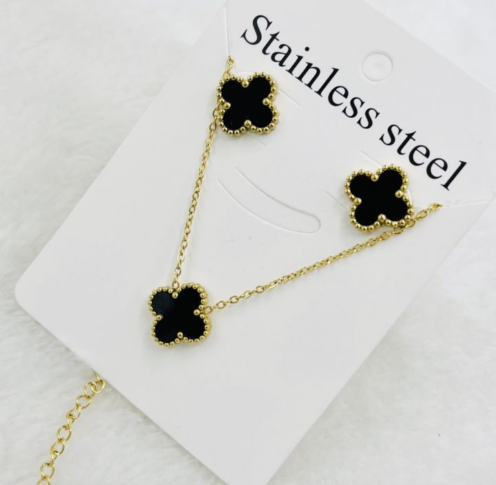 Black Clover Stainless Steel Necklace and Earring Set
