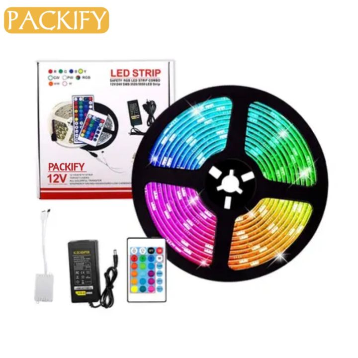 PACKIFY RGB LED Strip Lights 15 Feet Self-Adhesive Waterproof Color Changing Remote Control Complete kit with 12V Adapter 2835. RGB Lights Strip for PC Gaming, Bedroom, Kitchen, and Home Decoration