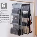 Dust-proof, smaller in size bag organizer with 6 pockets for handbags and an attached hook. 