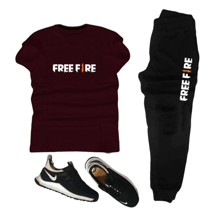 Free Fire Printed Tracksuit For Mens & Boys - Fabric T Shirt For Mens & Trouser For Mens maroon