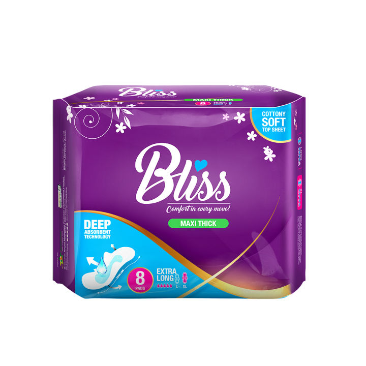 Bliss Maxi Thick Cottony Soft Sanitary Pads Extra Long 8 Pcs