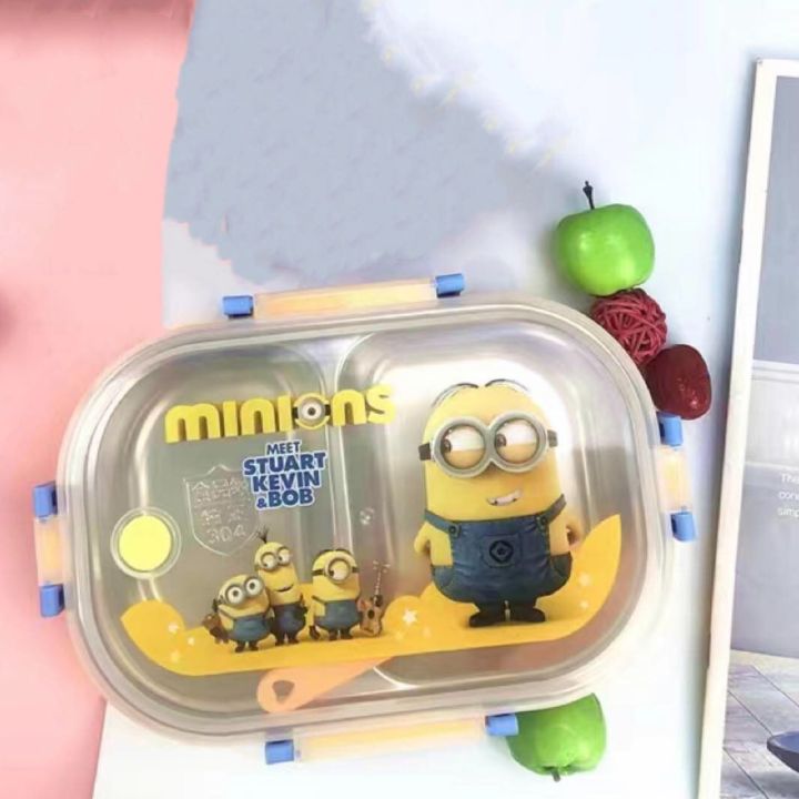 Kids Favourite Character Minion Stainless Steel Lunch Box for 2-Grid Lunchbox with Spoon