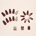 24Pcs Long Red Fake Nails Gold False Nails Wearable Artificial Nails with Glue for Women Girl. 