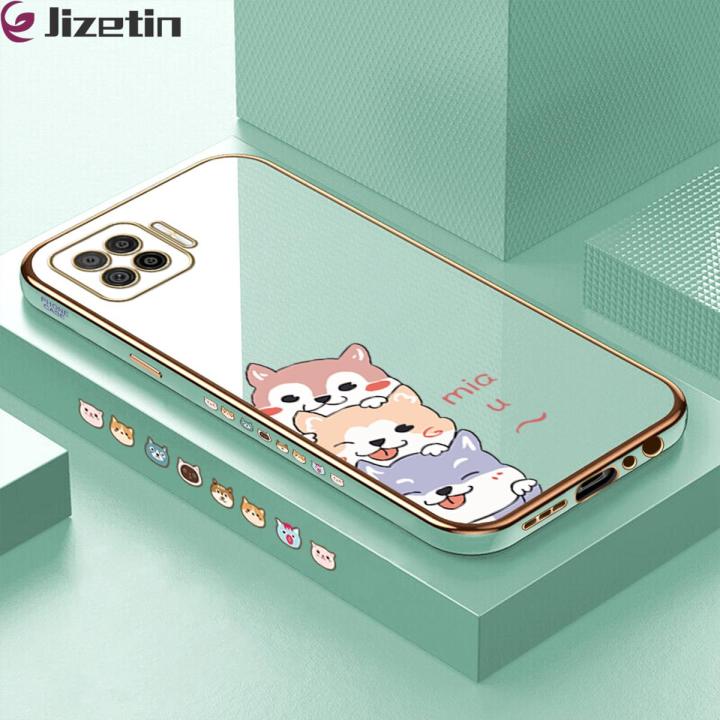 Jizetin (Free Lanyard) for OPPO F17 A73 2020 Back Cover Cute Dogs Luxury 6D Plating Case Side Pattern Soft Silicone Square Phone Cases