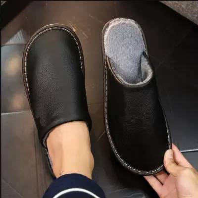 HyperHawk: Leather Autumn and Winter Household Slippers Home Indoor Thick Bottom Non-slip Waterproof Warm Home Slippers, House Slipper For Men