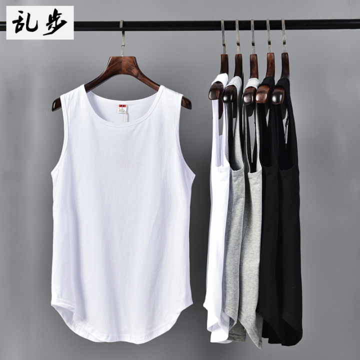 Summer retro street trend pure cotton loose solid color arc hem vest men's inner bottoming shirt couple wear