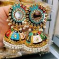 Jhumkay In Traditional And Trendy Cultural Style- Fashion Jewelry Golden Big Jhumka Mirror Earrings With Multi Color Meenakari And Hanging White Pearls. 